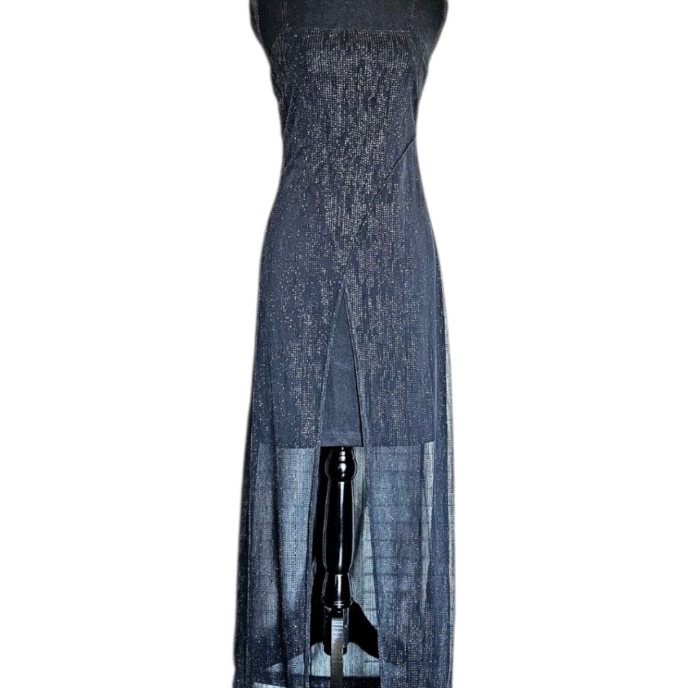 WET SEAL Vintage Y2K Whimsigoth Black Mesh Glitter Slipdress Maxi Sz S